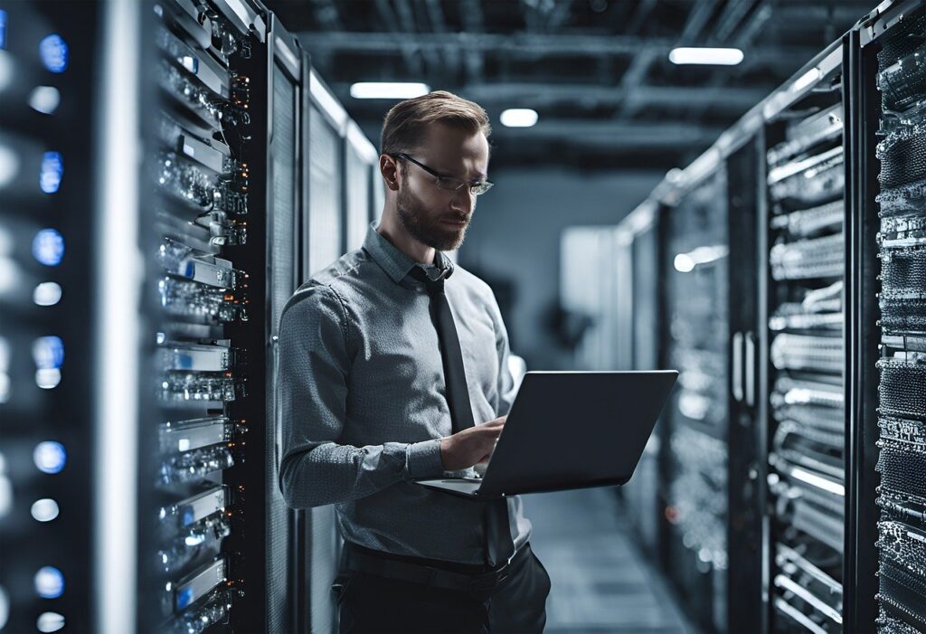 AI generated image of a man in a network center
